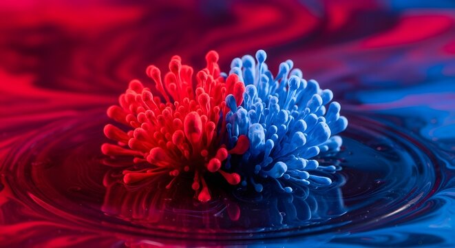 Abstract representation of a virus with red and blue glowing spikes