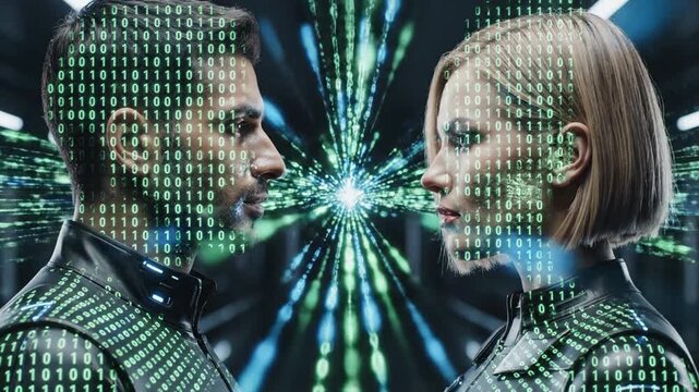 Man and woman facing each other with digital code overlay concept