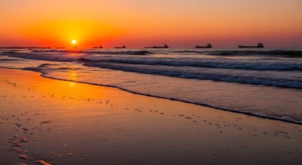 Vibrant orange sunset over ocean waves with ships on the horizon