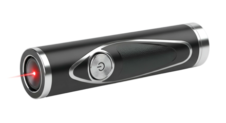 Sleek black handheld device emits a vivid red laser beam against a dark background.