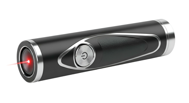 Sleek black handheld device emits a vivid red laser beam against a dark background.