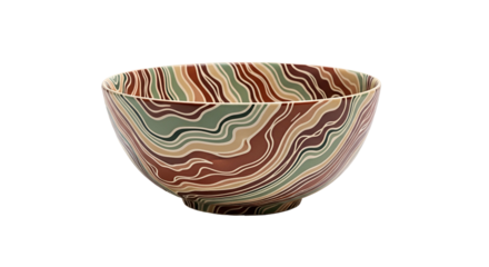 Ceramic vessel displays intricate, wavy, earth-toned decorative patterns against a solid black background