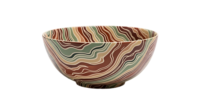 Ceramic vessel displays intricate, wavy, earth-toned decorative patterns against a solid black background - Powered by Adobe
