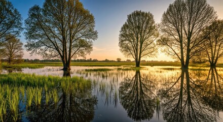 Obraz premium Trees reflecting in flooded field at sunrise, showcasing golden hour light. Nature at peace
