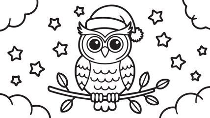 Cute owl with Santa's hat sits upon branch surrounded by star and cloud line art,  kids, coloring page, book , printable, easy, coloring, pages,