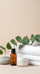 Natural Skincare Products with Eucalyptus Leaves and White Towels on a Beige Background.