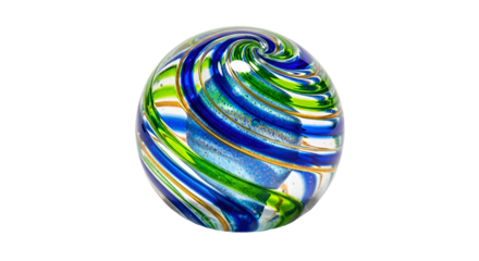 Swirling multicolored glass sphere rests against a dark background