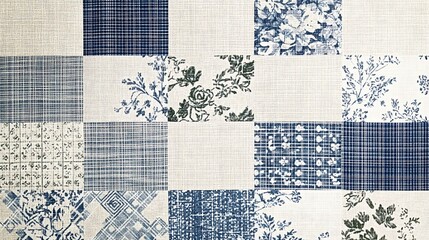Elegant blue and white patchwork pattern with floral and geometric designs