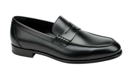 Polished black leather slip-on footwear is presented against a deep black background.