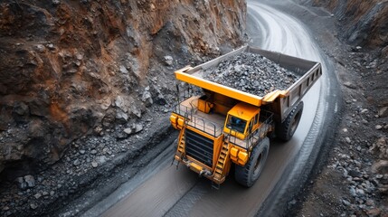 Heavy-Duty Dump Truck Transporting Stones along Curved Mining Road in a Rocky Landscape with Exposed Earth Layers and Gravel
