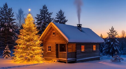 Cozy Wooden Cabin in Snowy Forest with Illuminated Christmas Tree at Dusk.