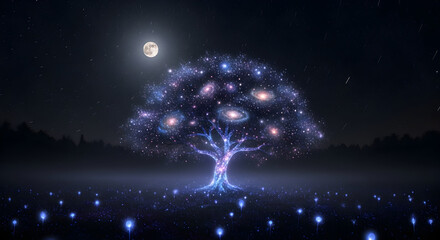 Cosmic tree with galaxies as leaves under a full moon