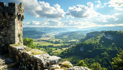 Scenic vista overlooking rolling green hills, a valley, and distant mountains under a partly cloudy, bright blue sky from a castle
