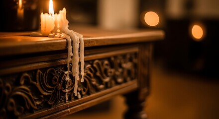 Close up of a lit candle with melted wax dripping down a carved wooden table.