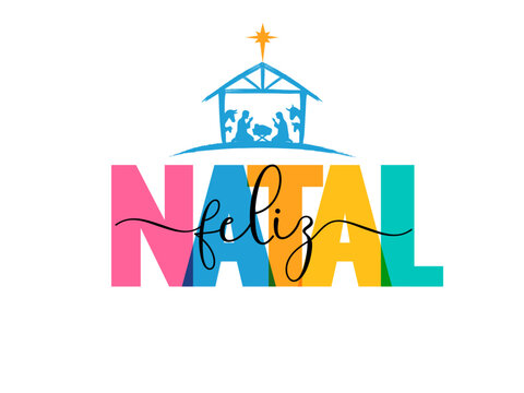 Feliz Natal, creative lettering with Bethlehem star. Translation from Portuguese - Merry Christmas. Creative clipart with Holy family in silhouette for greeting card or poster design. Vector illustrat