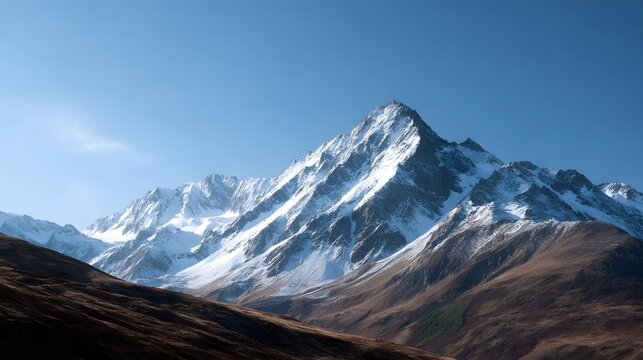 Majestic snow covered mountain peaks dominate a vast landscape under a clear brilliant blue sky