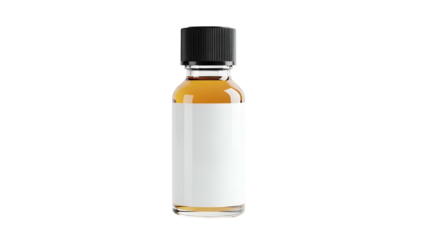 Small glass dropper bottle containing amber liquid with a black cap and white label against a dark background