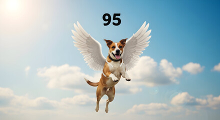 Dog with Wings Flying in Sky with Number 95 stock b3651bfada54637bebf474a25e13e8f2dr