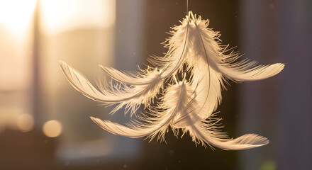 Delicate white feathers suspended in soft golden light