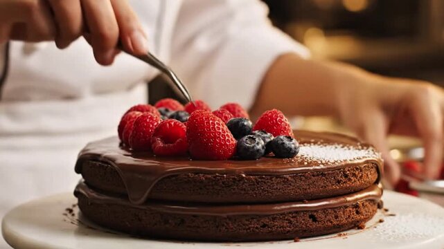 Side angle shot of chef decorating chocolate cake with berries, soft light, macro lens, slow motion 4K