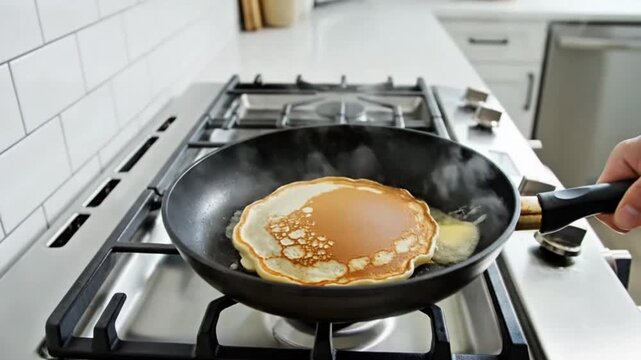 POV shot flipping pancakes in frying pan, motion blur, daylight tone, 4K cinematic