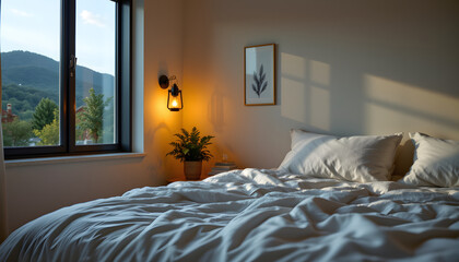 Solar powered lantern glowing in minimalist bedroom, eco design, renewable energy concept