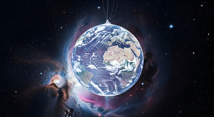 Earth suspended in vibrant nebula and starry cosmos
