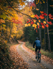 Cyclists riding through a forest path