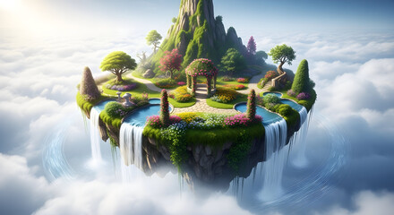 Enchanted floating island garden paradise in the sky