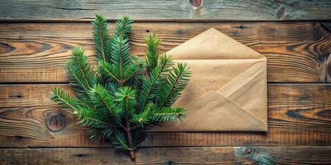 Obraz premium Rustic wooden surface with evergreen branch and kraft paper envelope, suggesting a heartwarming seasonal message