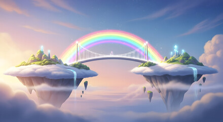Fantasy Floating Islands Connected by Rainbow Bridge