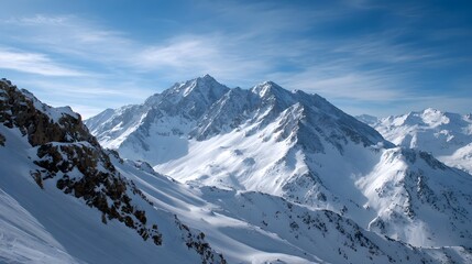 Obraz premium A majestic snow covered mountain range stretches under a clear blue sky with soft clouds