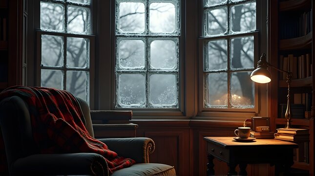 Cozy winter reading nook with warm blanket, coffee, and snow-covered window view creates a serene and peaceful atmosphere for relaxation and contemplation indoors