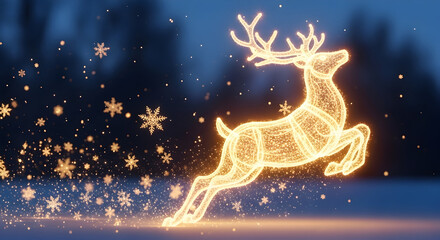 Glowing reindeer with snowflakes and sparkles at night