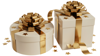 Two elegant gift boxes with gold ribbon and bows isolated on transparent background