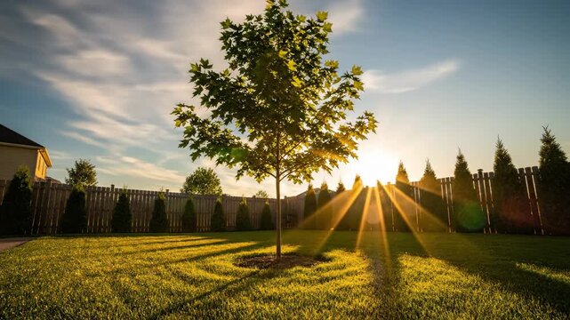 Young tree in sunny backyard landscape with bright sunlight and grass