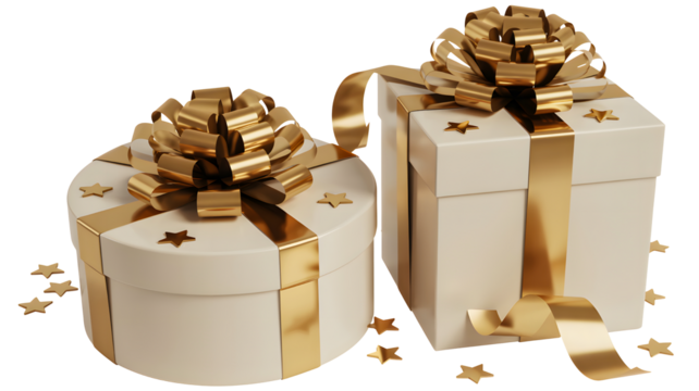 Two elegant gift boxes with gold ribbon and bows isolated on transparent background