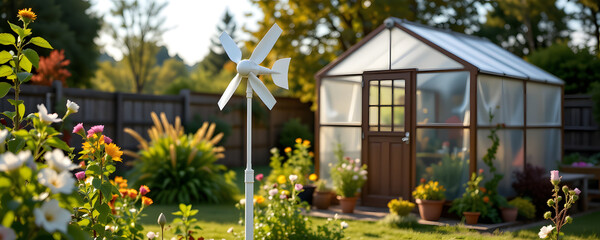Small wind turbine in backyard garden beside greenhouse, renewable living, sustainable lifestyle
