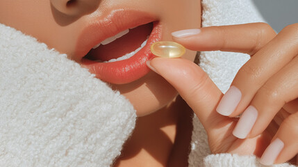 Close-up of lips about to take a translucent gel capsule — glamorous beauty-focused supplement moment.