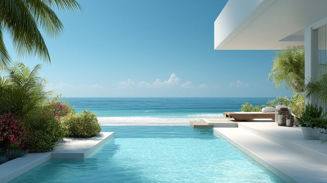 Luxury villa with infinity pool overlooking the ocean on a sunny day view