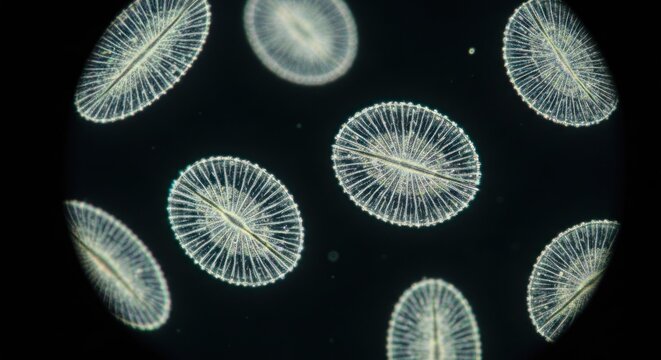 Microscopic view of diatoms.  Oval-shaped single-celled algae with intricate, radiating patterns.  Dark background