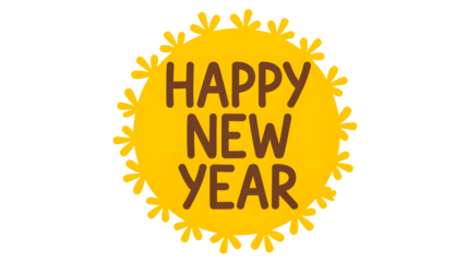 Happy new year text in a decorative yellow sunburst isolated on transparent background