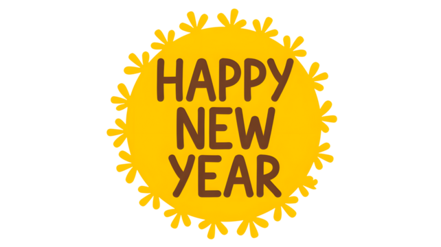 Happy new year text in a decorative yellow sunburst isolated on transparent background - Powered by Adobe