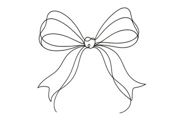 Continuous line drawing of a decorative ribbon bow, symbolizing gift giving, celebration, and festive packaging, on transparent background