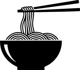 Minimalist noodle bowl and chopsticks icon, monochromatic vector illustration.