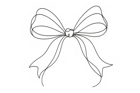 Continuous line drawing of a decorative ribbon bow, symbolizing gift giving, celebration, and festive packaging, on transparent background