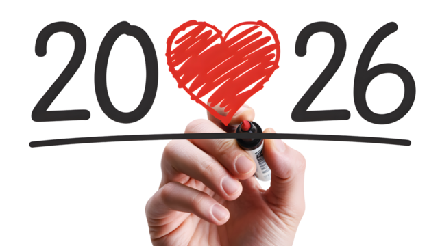 Hand drawing a red heart symbol between the numbers 20 and 26 isolated on transparent background