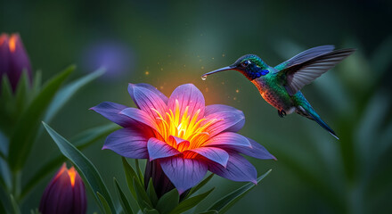 Hummingbird feeding from glowing purple and yellow flower