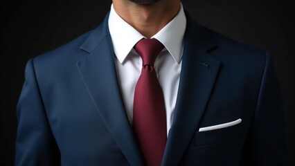 Formal and Elegant Black Suit Detail: Close-up of a man in a stylish, all-black tuxedo or suit, complete with a satin lapel, black shirt, tie, and pocket square.