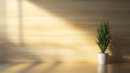 Green houseplant in white pot with sunlight on wooden wall background